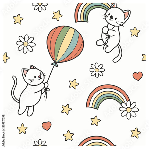 Cute Seamless Pattern of Cats Holding Rainbow Balloons with Stars and Hearts