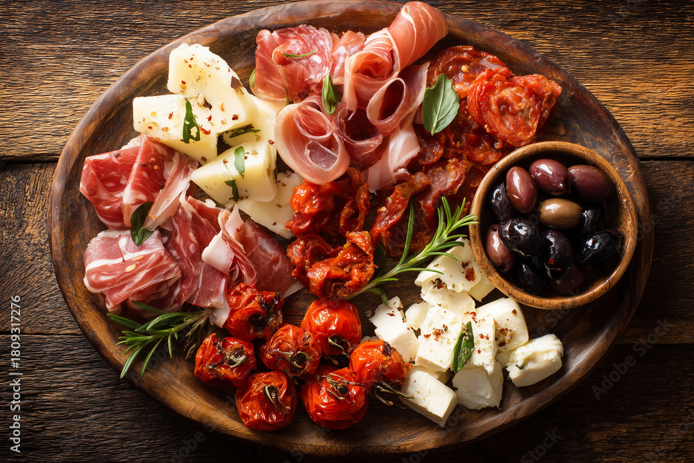 Fototapeta premium A vibrant Italian antipasti platter featuring cured meats, assorted cheeses, olives, and sun-dried tomatoes arranged in a rustic, appetizing presentation.