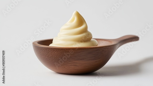 Thick mayonnaise dollop, spoon, polished wood grain, warm tones, deep bowl spoon, designed for sauces, plain white backdrop, clean, simple, studio lighting, sharp focus.