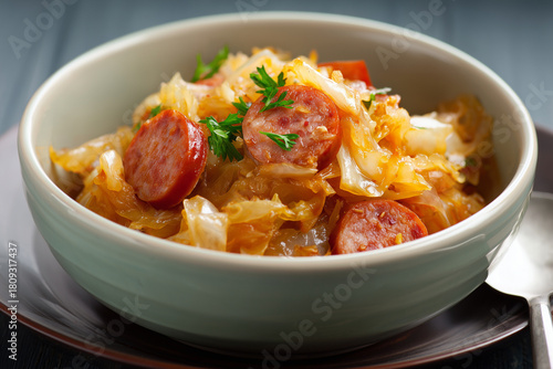 Hearty Polish bigos made with cabbage, sausage, and slow-cooked flavors, capturing the richness of traditional hunter’s stew.