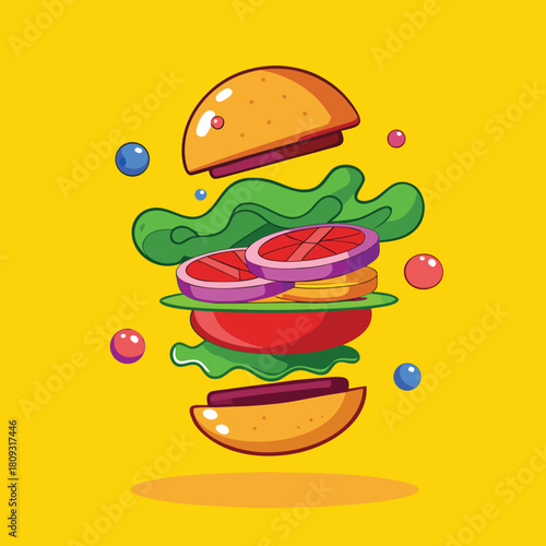 Deconstructed cartoon burger with floating ingredients including buns, patty, lettuce, tomato, and cheese on yellow background