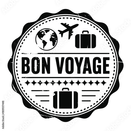 Bon voyage stamp with travel icons and luggage