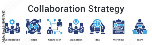 Collaboration strategy integrates puzzle pieces through connection and brainstorming for workflow optimization with teams.