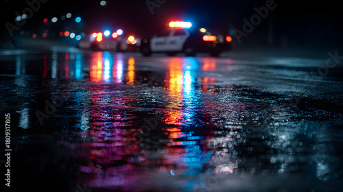 Urban Night Scene with Flashing Police Lights and Reflections