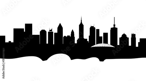 Stylized black-and-white architectural silhouette of a city skyline, made from basic geometric forms such as triangles, circles, and rectangles, with a flat and high-contrast visual style, featuring b