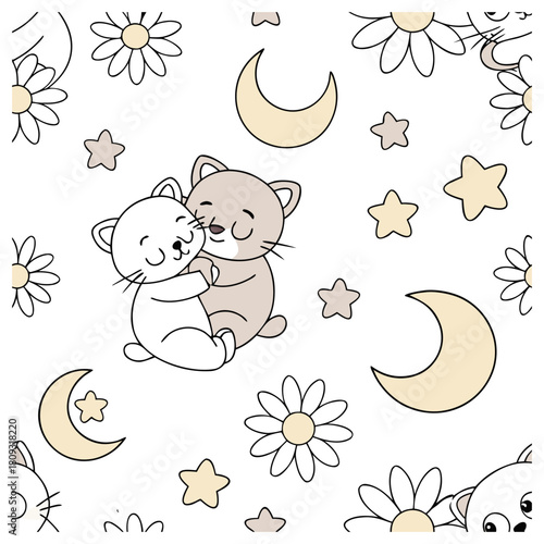 Soft Seamless Pattern of Sleeping Cats with Beige Moons and Stars