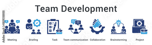 Team development through meeting and briefing with task assignment enhancing communication collaboration and brainstorming projects.