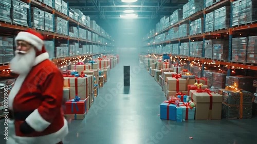 Santa Claus in a warehouse with gifts.