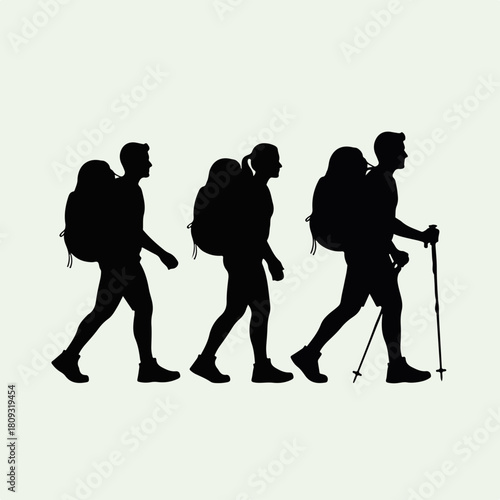 Silhouette of hikers trekking, with backpacks and poles in outdoor setting. Hiking silhouette shows three people walking, representing outdoor adventures, exploration, and teamwork.