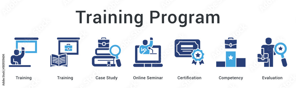Fototapeta premium Training program delivers case studies and online seminars leading to certification for competency evaluation success.