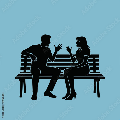 Silhouette of couple sitting on bench talking with gestures, silhouette depicts man and woman in discussion. Silhouette highlights conversation on park bench, offering narrative depth,