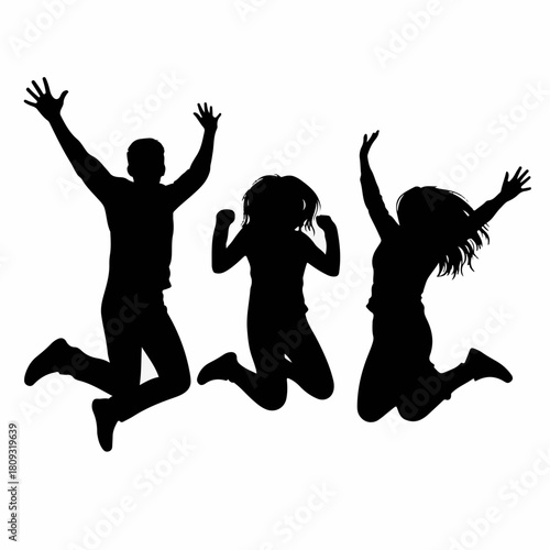 Silhouette of people jumping with their arms up, isolated on white. Silhouette depicts group of friends having fun, rejoicing and showing positive emotion. Silhouette perfect for any design needs.