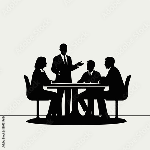Business meeting silhouette shows team around conference table listening to presentation. Business meeting includes executive leader speaking while colleagues take notes during discussion.