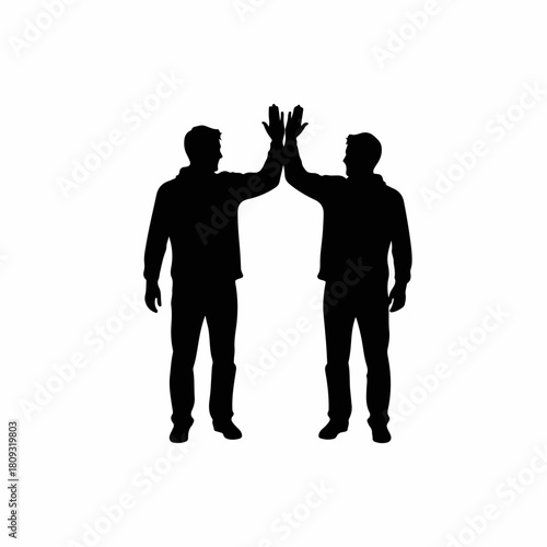 Silhouette of two men giving high five on white backdrop. Silhouette features pair of friends sharing joyous moment, showing camaraderie, achievement, and agreement.