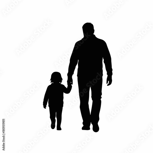 Silhouette of father and child holding hands while walking together. Silhouette symbolizes family connection and paternal love.