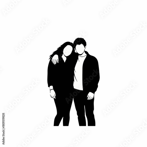 Silhouette art showing faceless couple in love on a white background. Silhouette captures bond between man and woman, side by side, expressing unity and togetherness.