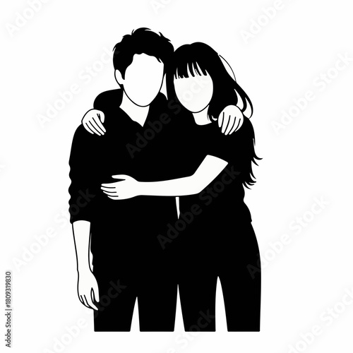 Minimalist couple silhouette with arms around each other, an illustration. This charming silhouette portrays companionship through affectionate embrace, a simple moment.