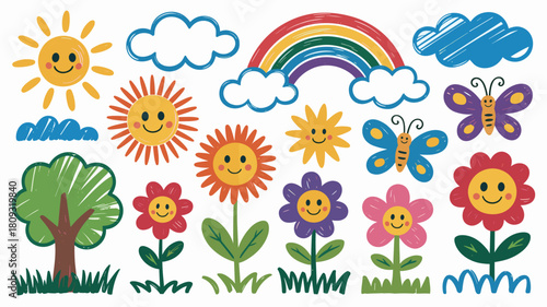 Hand drawn spring elements with sun rainbow butterflies and flowers illustration for kids and children design