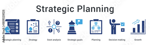 Strategic planning banner web icon defines strategy through swot analysis setting goals with planning and growth focus.