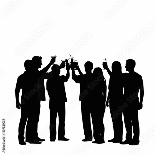 Silhouetted group of people toasting drinks against white background. Silhouetted figures in celebratory gesture, raising glasses in unison, creates dynamic black silhouette effect.