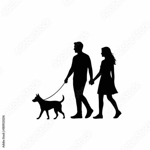 Silhouette of couple with dog walking together on white background. Silhouette illustrates togetherness, companionship with pet.