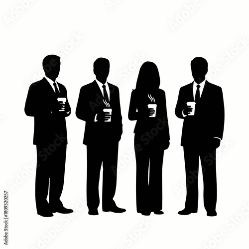 Silhouette of business team taking a break and enjoying coffee. Business team in silhouette illustration includes men and one woman wearing formal suits and holding coffee cups,