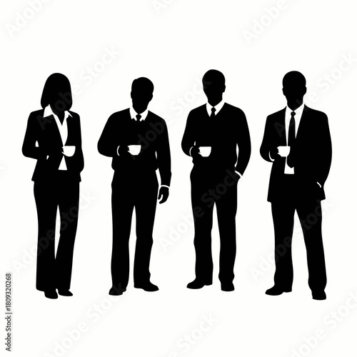 Silhouette of business team drinking coffee during break, silhouette of professional colleagues enjoying beverage together. Business silhouette captures team standing in suits with cups, bonding,