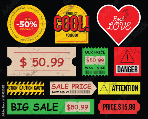 Trendy sticker pack with vinyl plastic wrap overlay. Vector sale and price vintage stickers. Torn retro labels and badges.