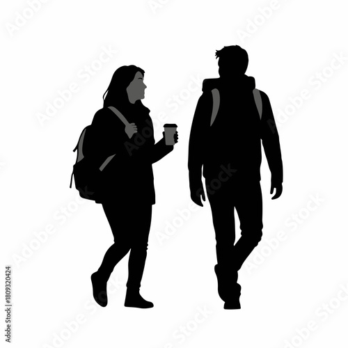 Isolated silhouette of young couple walking with backpacks. Silhouette captures casual pair walking. Silhouette represents friendship between student friends,