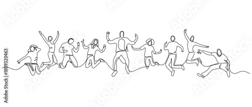 Continuous Line Drawing of Four Joyful People Jumping,Happy people jumping continuous single line art drawing vector illustration