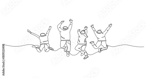 Continuous Line Drawing of Four Joyful People Jumping,Happy people jumping continuous single line art drawing vector illustration