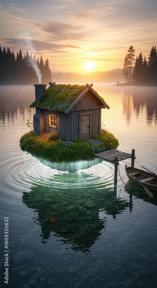 Fototapeta premium Rustic wooden dwelling rests on a small patch of land surrounded by calm water during sunrise