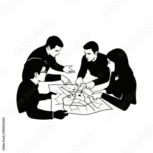 Silhouette of people planning a project with a map on white background. Silhouette portrays teamwork, with four individuals collaborating over strategy, ideas and direction for business success,