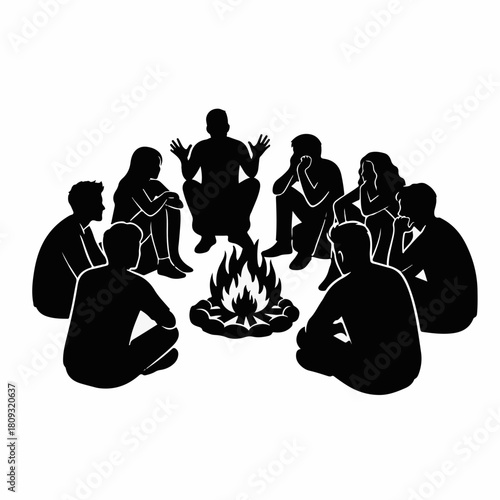 Silhouette shows people sitting around campfire, sharing stories in darkness. Silhouette of friends encircling campfire, sharing secrets with flames reflecting on their faces.