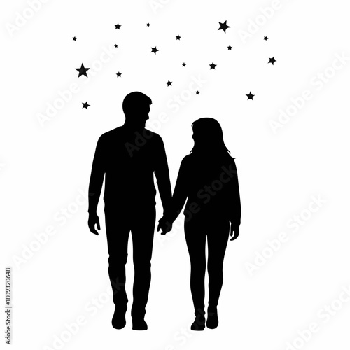 Silhouetted couple holding hands under stars creates silhouette on white background. Silhouette of lovers walking in starry night makes romantic atmosphere.