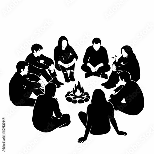 Silhouette of people sitting around campfire, silhouetted figures are relaxing, enjoying company. Group silhouette, gathering around a campfire to chat, share stories, create memories.