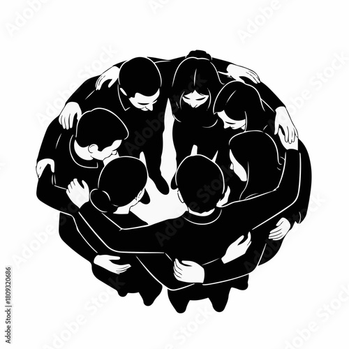 Silhouette of people hugging in circle, conceptual flat design depicting unity and support. Detailed silhouette conveys sense of closeness, camaraderie, and teamwork, essential for a team to thrive.