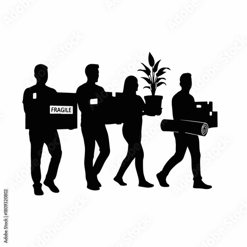 Silhouette of people moving house with boxes and plant, carrying items in monochrome, conveying a sense of teamwork. Silhouette embodies transition, new beginnings, and change.