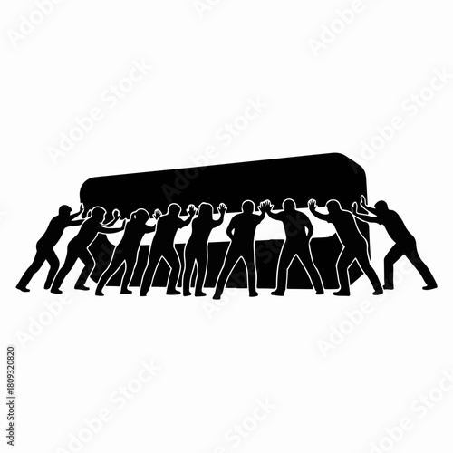 Silhouette of group effort showing teamwork to move heavy object. Silhouette shows coordinated strength, people working together to push large object.