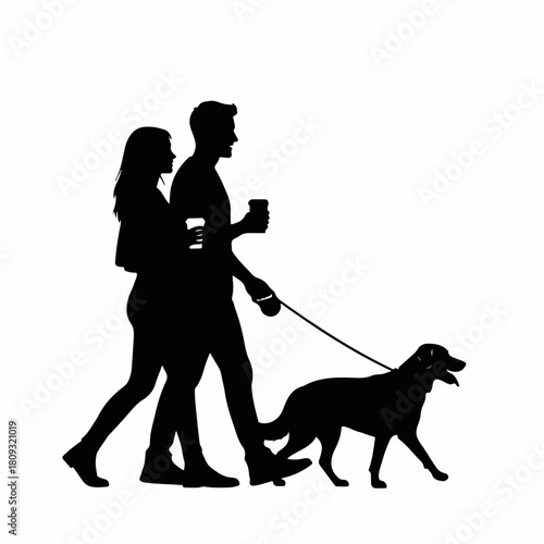 Silhouette depicts couple walking Labrador Retriever with drinks on white background, enjoying leisure time together. Couple in silhouette stroll, their dog trotting along beside them,