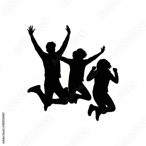 Silhouetted group of people jumping for joy captured in a silhouette, displaying exuberant energy. Silhouette showing three figures leaping with raised arms, conveying enthusiasm and togetherness.