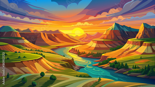 Very beautiful sunset scene showing layered badlands glowing in warm evening light, the Little Missouri River winding through a lush green valley, soft colorful mountains in the distance, and a peacef