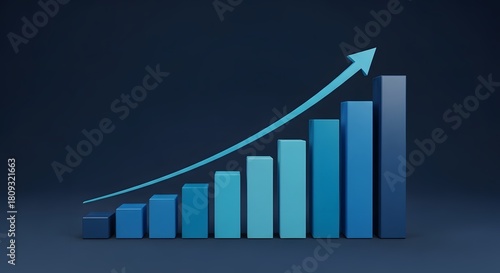 3d blue financial chart with white arrow going up showing positive market trend and growth, on black background