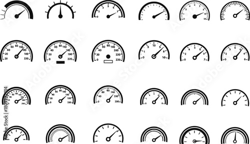 Big collection of speedometer icons, car dashboard gauge vector set, automotive rpm meter silhouettes, measurement dial symbols for interface design, isolated on white background.