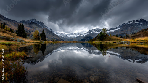 Panoramic View of a Serene Alpine Lake and Majestic Snowy Mountains