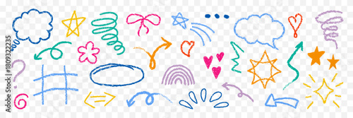 Colorful doodle drawings element set isolated on transparent background. Playful sketch icon collection. Child drawings. Pencil crayon chalk texture. Arrow bow flower star shine balloon heart shapes