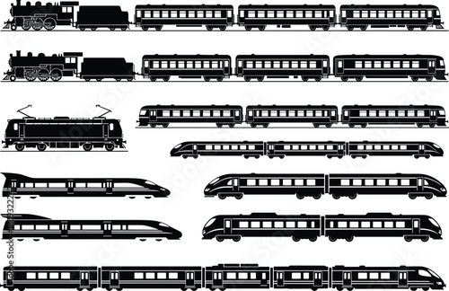 Collection of black and white vector train silhouettes featuring steam locomotives electric engines and high speed bullet subway for railway transportation system design concepts.