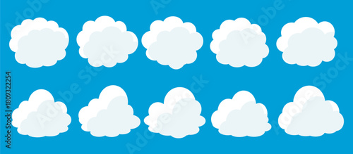 set of vector illustrations of clumpy clouds, cloud bubbles in flat style on a blue background