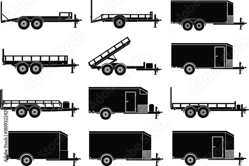 Collection of various utility trailers, flatbed trailers, dump trailers, and enclosed cargo trailers silhouettes, heavy-duty transport equipment illustration set, black vector style
