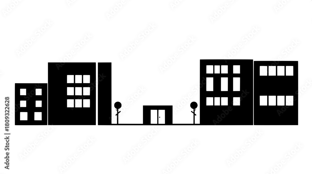 Obraz premium Simple monochrome illustration of a small urban building block, arranged as bold black geometric shapes on a clean white background, featuring a minimalistic infographic aesthetic with crisp lines, ba